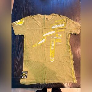 Affliction Olive Tee with Vibrant Yellow Accents